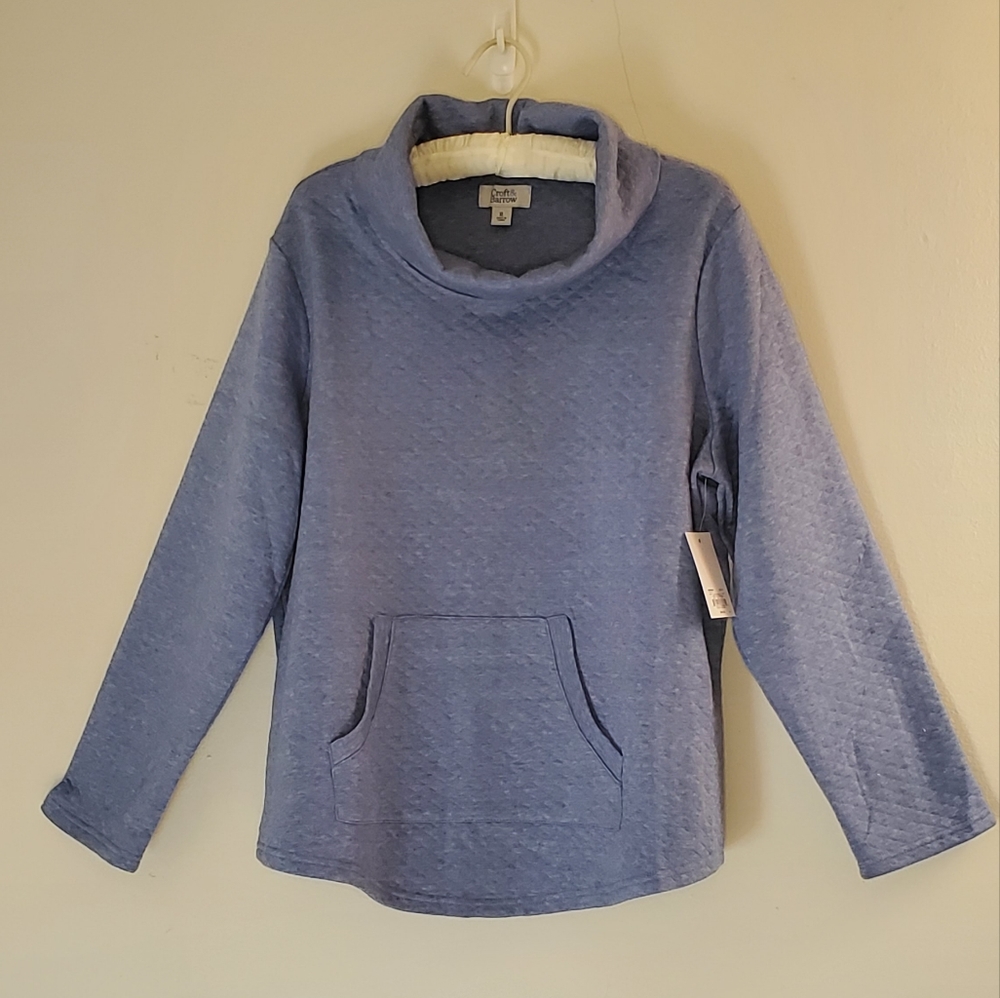 Soft blue/gray, quilted, front pocket, cowl neck, loose fit